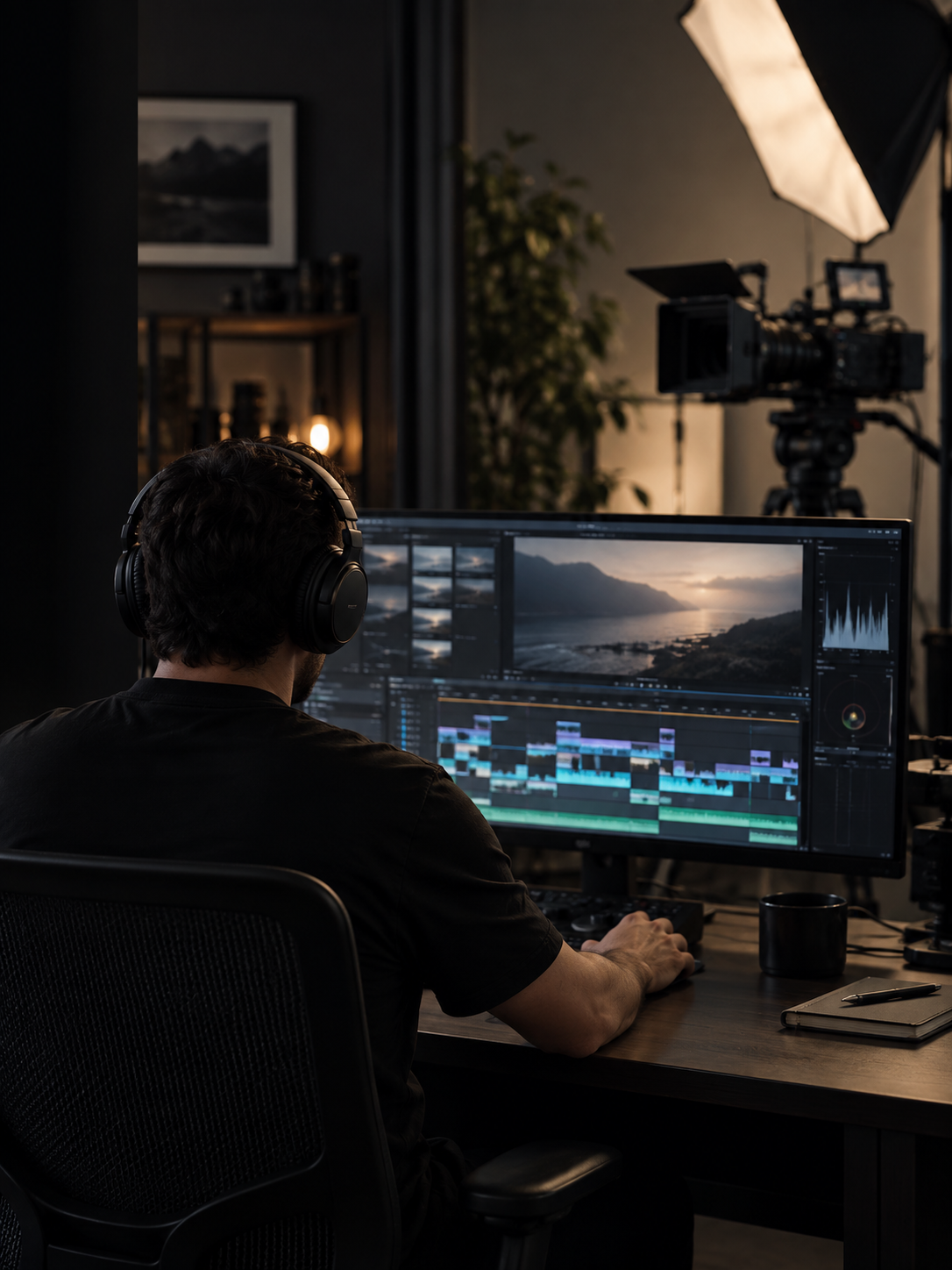 An editor working in a production studio